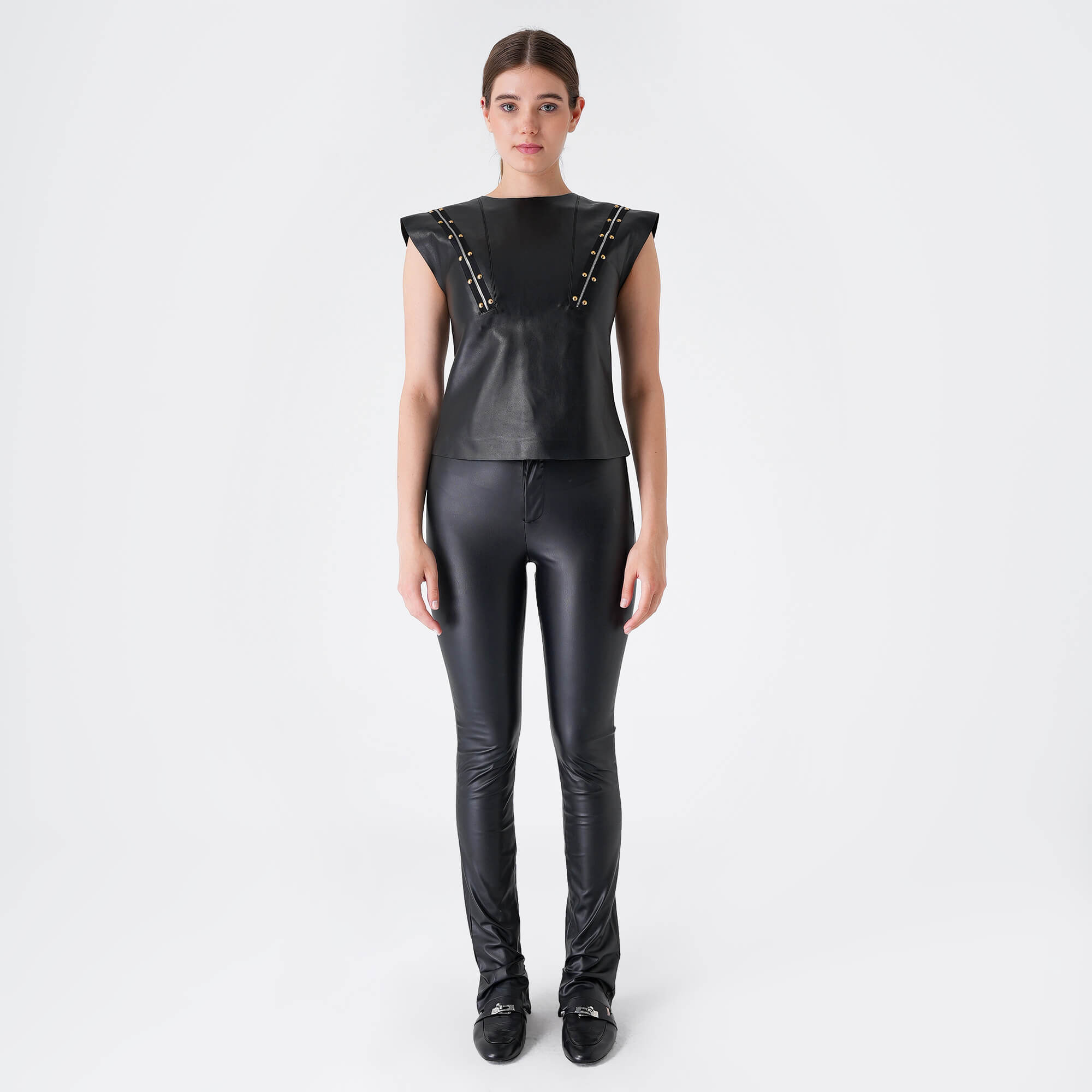 Louis Vuitton - Black Leather Sleeveless Blouses